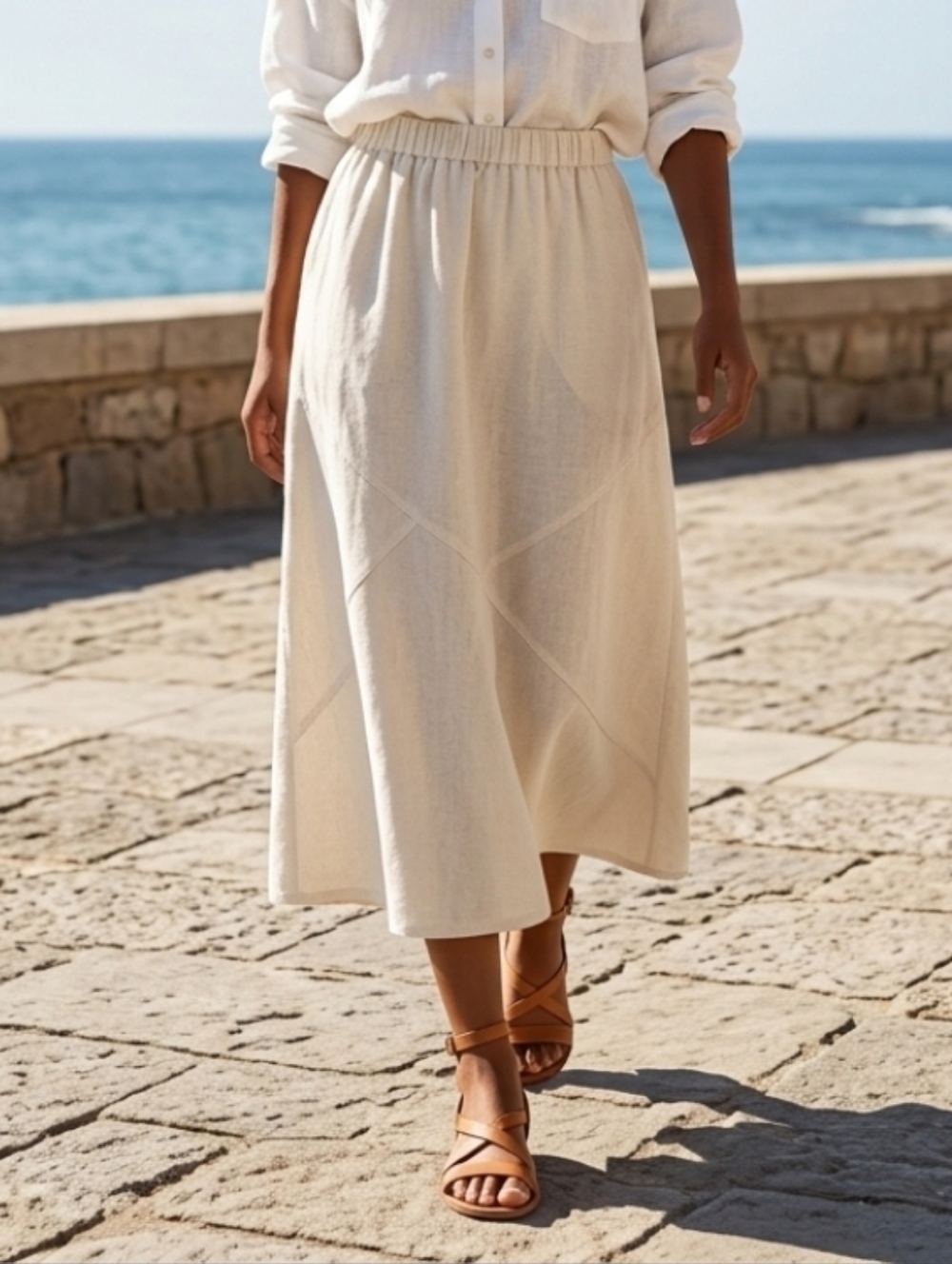 Denim&Co Cream Patchwork Style Denim Linen Blend Midi Skirt with Elastic Waist